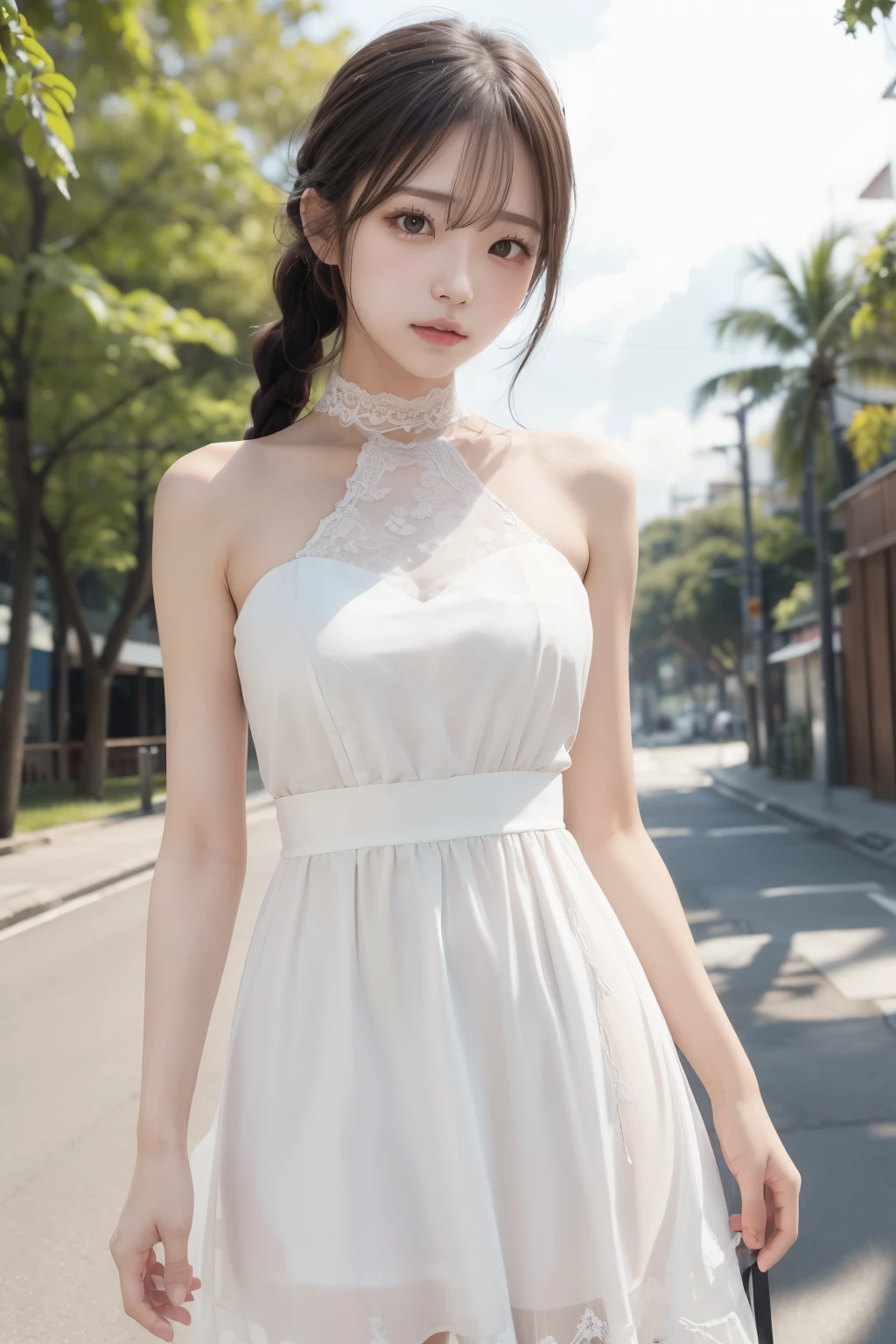 1girl,highres, high quality, masterpiece, mxmkWhiteDress, bare shoulder, purple eyes, white dress, braid, chocker, beach