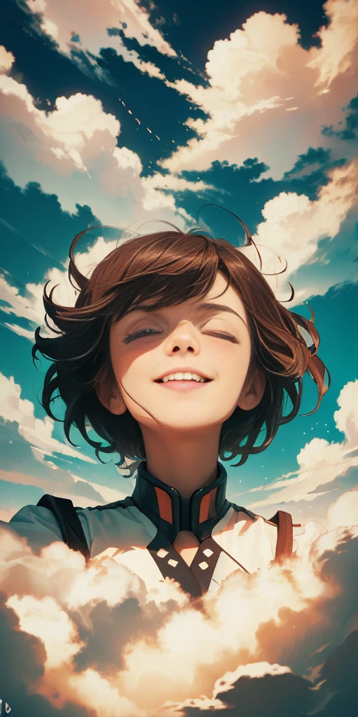 masterpiece, best quality, movie still, 1girl, floating in the sky, cloud girl, cloud, (close-up:1.1), bright, happy, fun, soft lighting, (Bauhaus, shapes, lines, abstract:1.1)