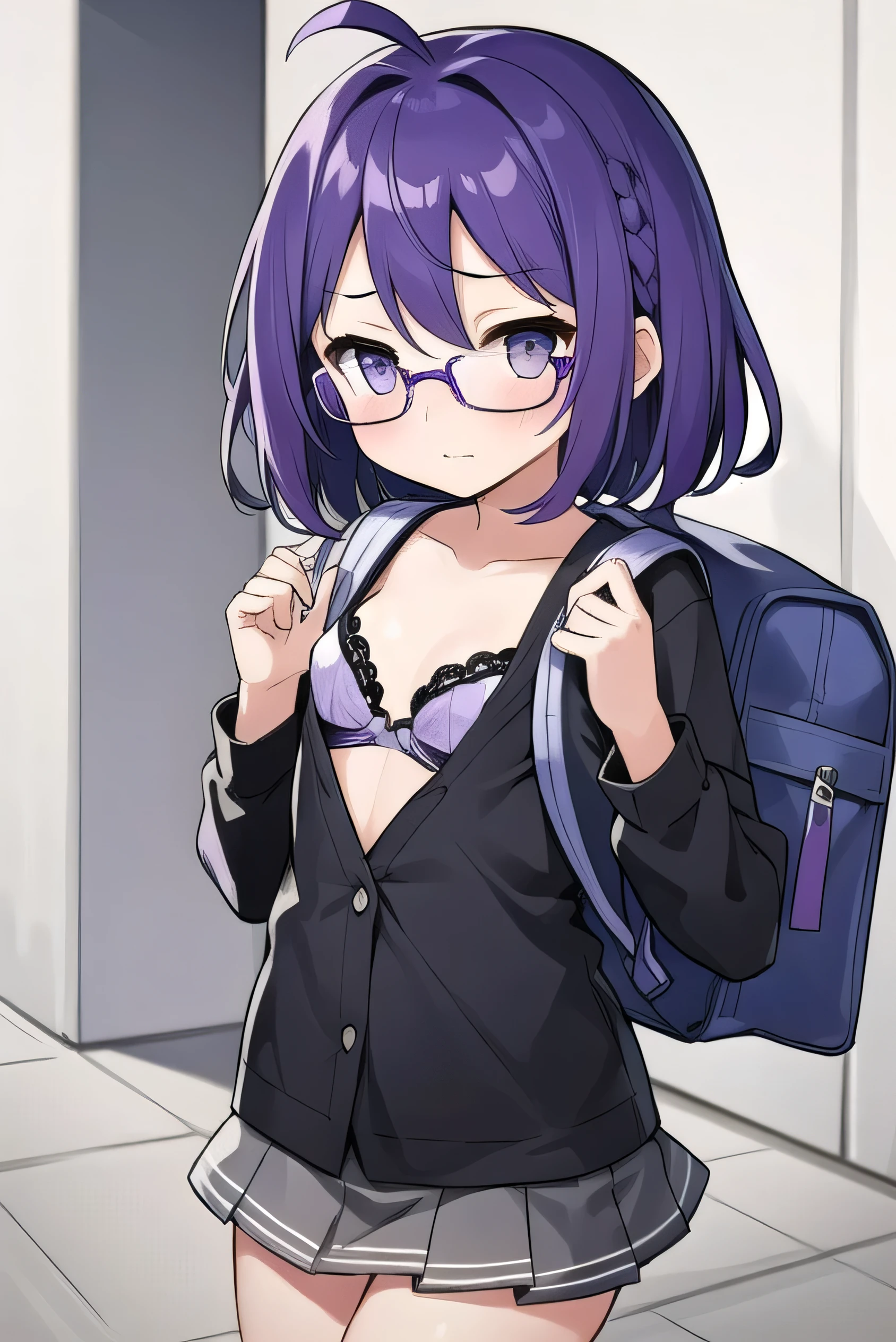 (Purple hair:1.5) , gray eyes, white , navy blue miniskirt, , short, short long hair, kind expression, shy, backpack, almost no breasts, slightly exposed. hair,(flipped hair ), flipped hair, long sleeves, ahoge, girl alone, flipped hair, flipped hair, flipped hair, flipped hair, glasses with no edges, embarrassed, her bra is visible, flat chest