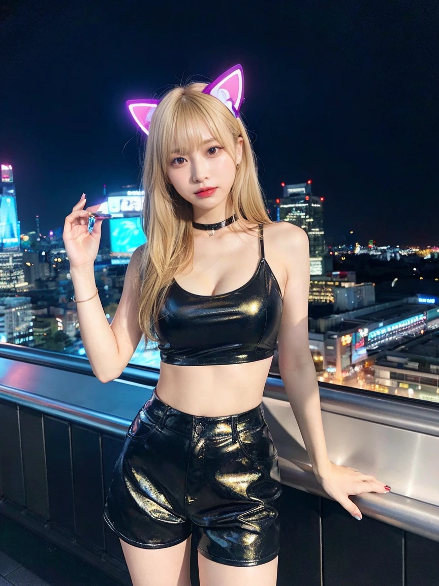 Full Body Photo、A professional full-body photo、最high quality, masterpiece, 32k、Very detailed、Realistic、1 girl, Japanese women、Cute Face, (photo Actual:1.3),Bob Hair(Golden hair color、Blonde Hairstyles)、Edge lighting, (Skin with attention to detail:1.2), 8k超High resolution, Single-lens reflex camera, high quality, High resolution, 4K, 8k, Optimal ratio of four fingers to one thumb, (Actual:1.3), Realistic、Super Realistic、32k、Very detailed、masterpiece, 最high quality, beautiful girl, beauty、Mecha, Beautiful lighting, (Neon Light:1.2), (night:1.5), K-Pop idol costumes、Dancer's costume、Sleeveless outfit、Shorts、Large Breasts(Big Tits、With a valley)Cat ear headphones、Are standing、Cyber Neon、Future City、Skyscraper、都会のnight、Shanghai、Big cities、night景、綺麗なnight景