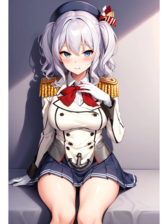 (masterpiece, best quality:1.2),giggle,A hand touched his chest,illustration,8k,HD,1 girl,solitary,portrait,blush,White hair,blue eyes,curls,Double tail,pluming,Berets,Epaulettes,Ruffled sleeves,jacket,Large Breasts,Long sleeve,,mini skirt,Pleated Skirt,Red tie,White gloves,anchor,Solid color background