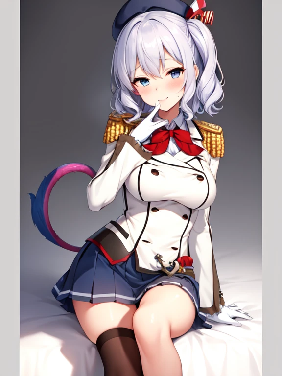 (masterpiece, best quality:1.2),giggle,A hand touched his chest,illustration,8k,HD,1 girl,solitary,portrait,blush,White hair,blue eyes,curls,Double tail,pluming,Berets,Epaulettes,Ruffled sleeves,jacket,Large Breasts,Long sleeve,,mini skirt,Pleated Skirt,Red tie,White gloves,anchor,Solid color background