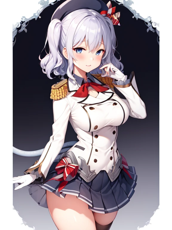 (masterpiece, best quality:1.2),giggle,A hand touched his chest,illustration,8k,HD,1 girl,solitary,portrait,blush,White hair,blue eyes,curls,Double tail,pluming,Berets,Epaulettes,Ruffled sleeves,jacket,Large Breasts,Long sleeve,,mini skirt,Pleated Skirt,Red tie,White gloves,anchor,Solid color background