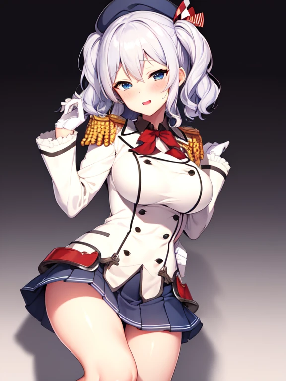 (masterpiece, best quality:1.2),giggle,A hand touched his chest,illustration,8K,HD,1 girl,solitary,portrait,blush,white hair,blue eyes,curls,Double tail,Berets,Epaulettes,Ruffled sleeves,Jacket,Large Breasts,Long sleeve,,mini skirt,Pleated Skirt,Red tie,White gloves,anchor,Solid color background