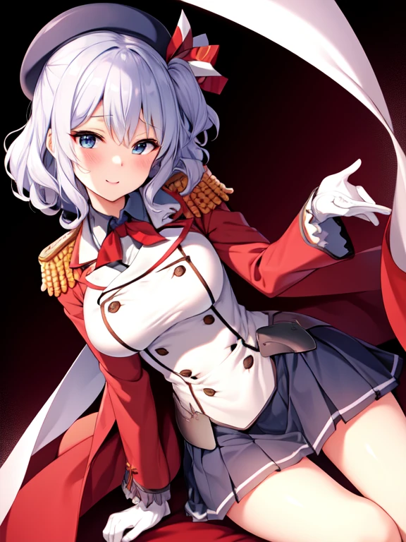 (masterpiece, best quality:1.2),giggle,A hand touched his chest,illustration,8K,HD,1 girl,solitary,portrait,blush,white hair,blue eyes,curls,Double tail,Berets,Epaulettes,Ruffled sleeves,Jacket,Large Breasts,Long sleeve,,mini skirt,Pleated Skirt,Red tie,White gloves,anchor,Solid color background