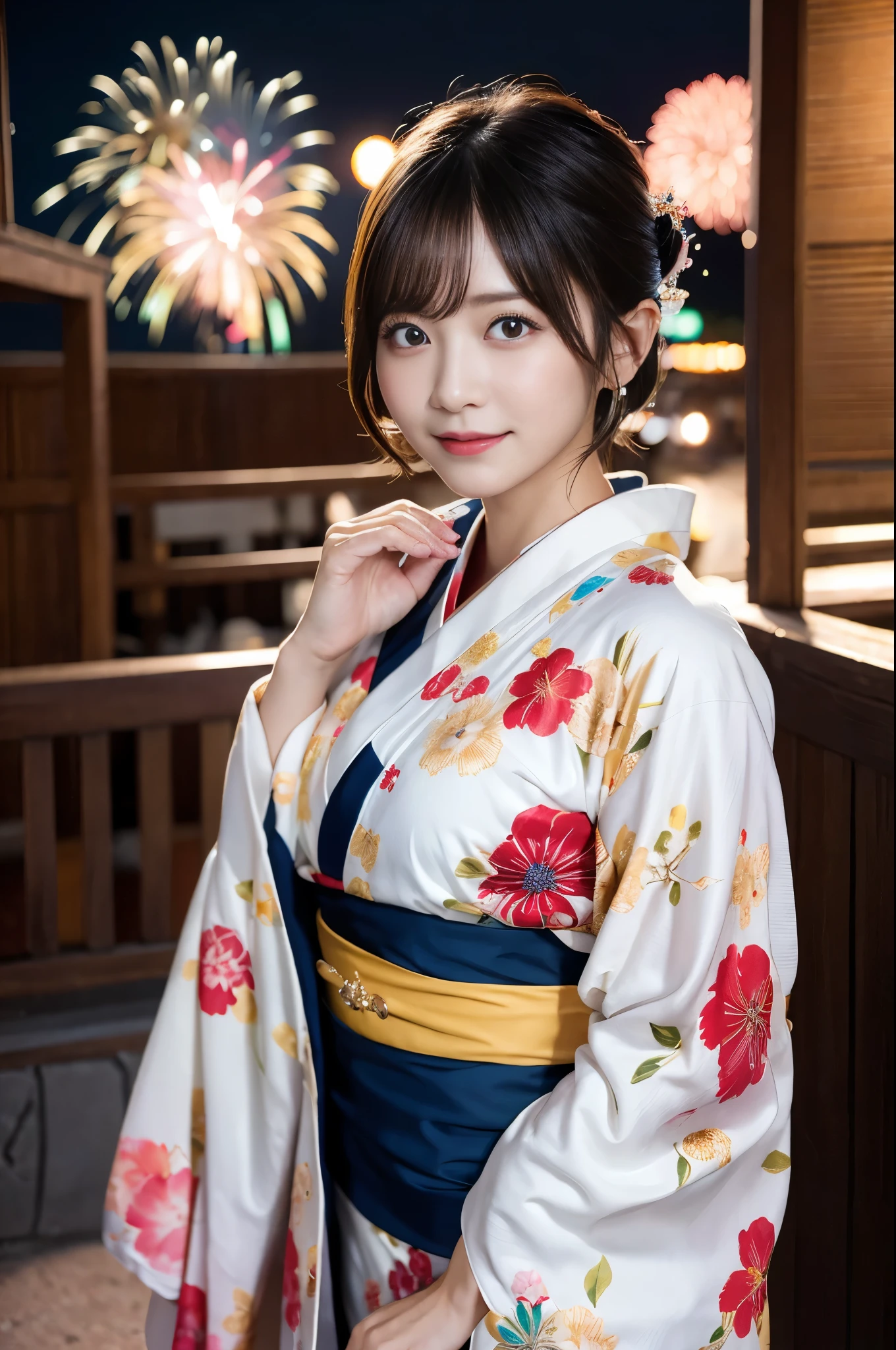 (8k、RAW Photosgraphy、highest quality、masterpiece:1.2)、(Realistic、Photorealistic:1.37)、Ultra-high resolution、One Girl、cute、solo、night、Sitting、date、(Nose redness)、(Laughter:1.1)、(Closed)、huge 、Beautiful Eyes、(short hair:1.2)、(((Fireworks bursting into the sky、night)))、(((kimono、yukata)))、Cleavage、Perfect body、Perfect Fingers、Professional Lighting、Japanese Goddess、gravure、Detailed face and skin texture、Detailed eyes、RAW Photos