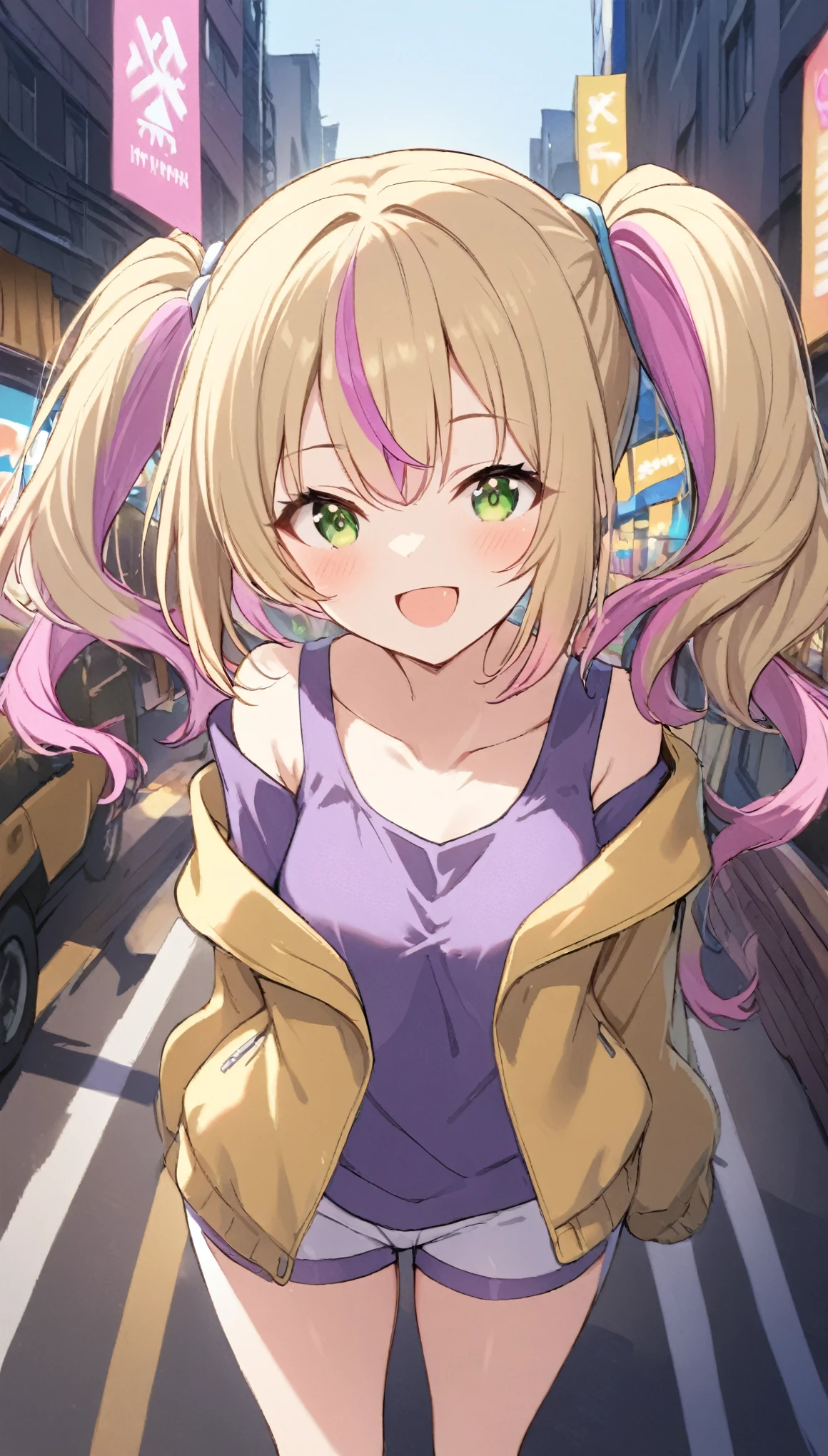 1 girl,twin tail,medium hair,blonde hair, ((highlights hair,pink streaked hair)),smile,white short pants,purple shirts,yellow jacket,green eye,Urban area,