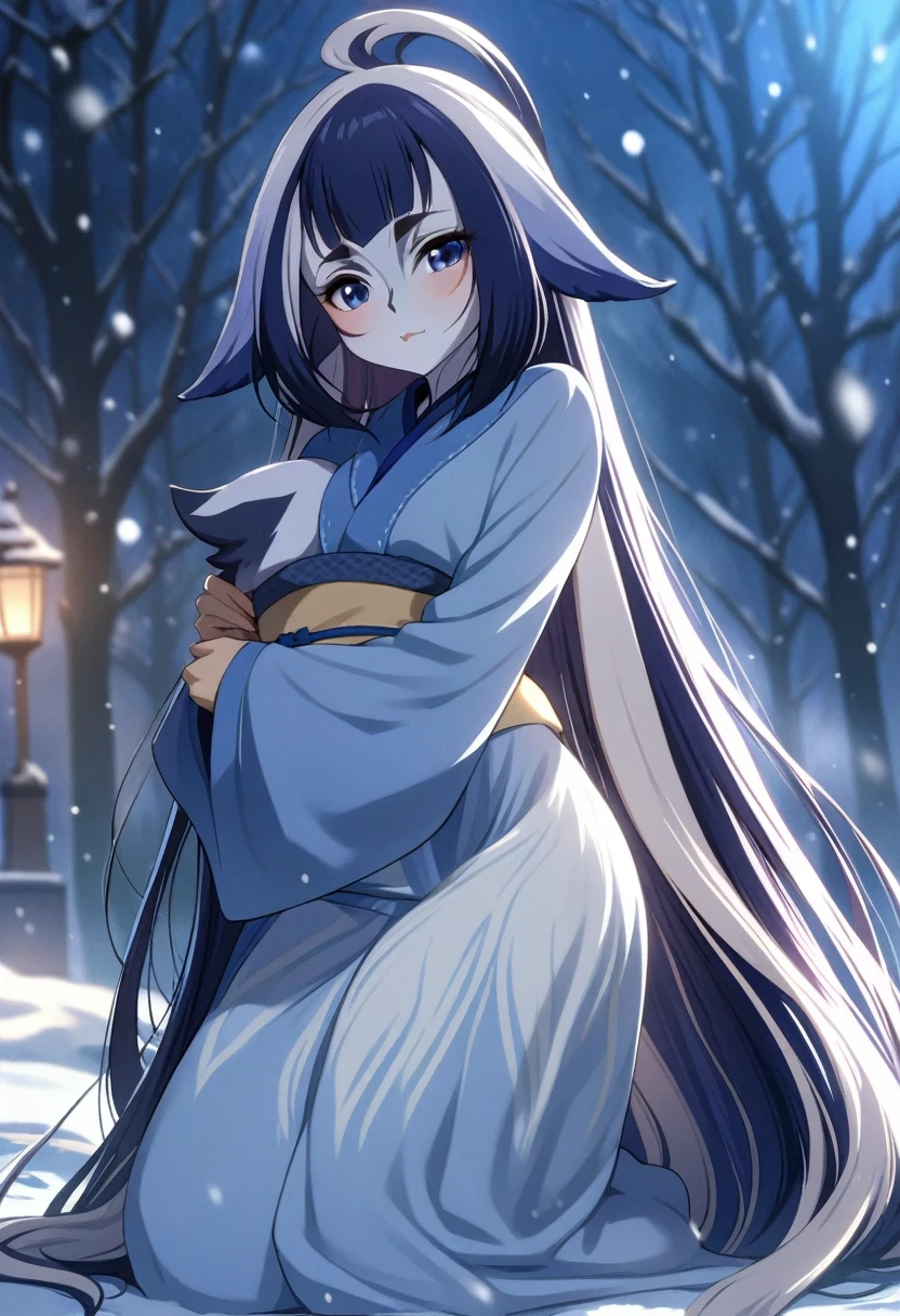 (shylily/(Twich/):1.5),(masterpiece:1.2),(best quality:1.2),Anime girl wearing kimono in the snow, beautiful anime girl, Anime long hair girl,