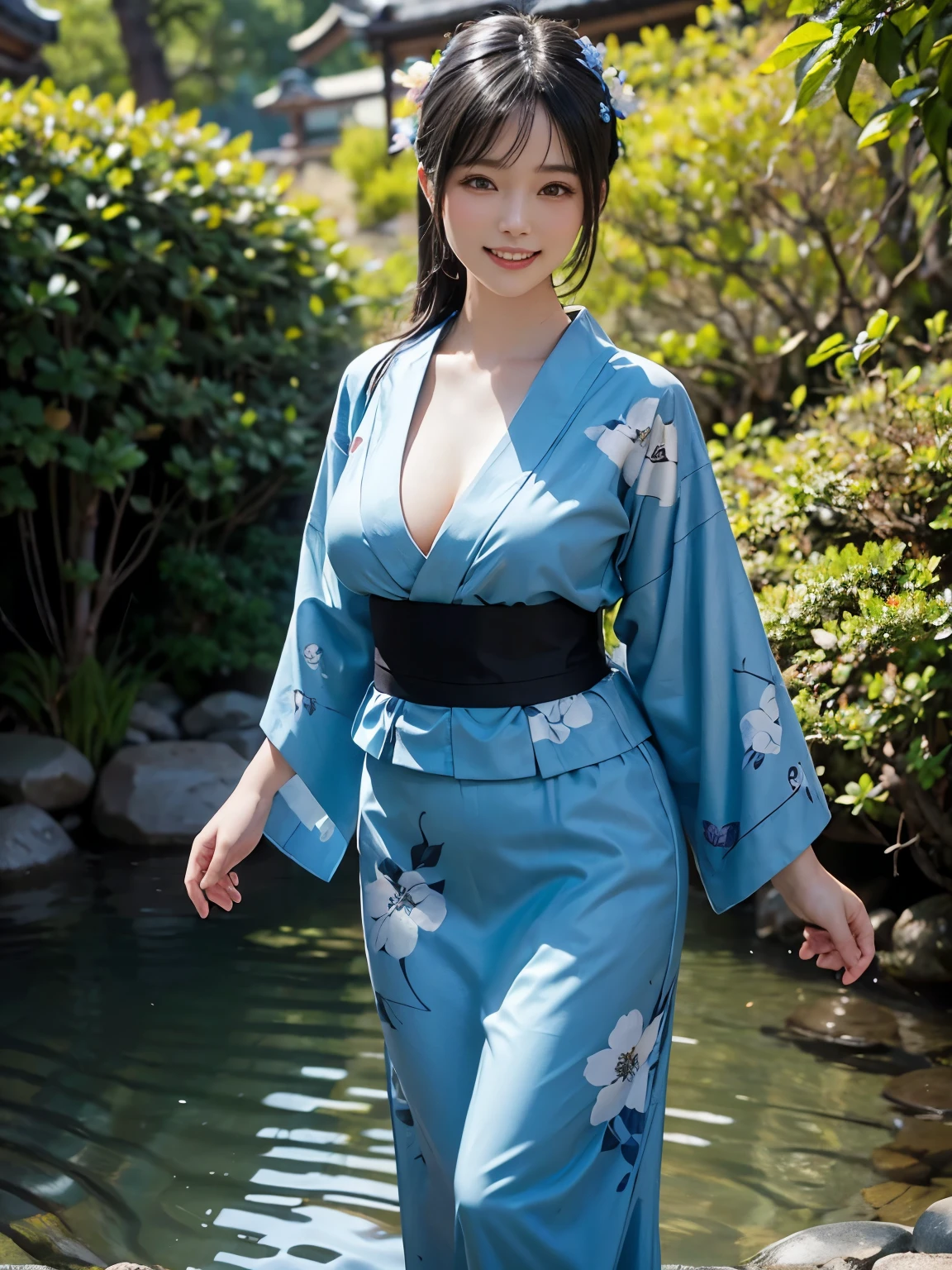 (ultra realistic), (best illustration), (increase resolution), (8K), (masterpiece), (wallpaper), solo, 1 girl, looking at viewers, black straight hair, slender body, plump breasts, pureerosfaceace_v1, happy smile, blue floral Yukata, Japanese Garden
