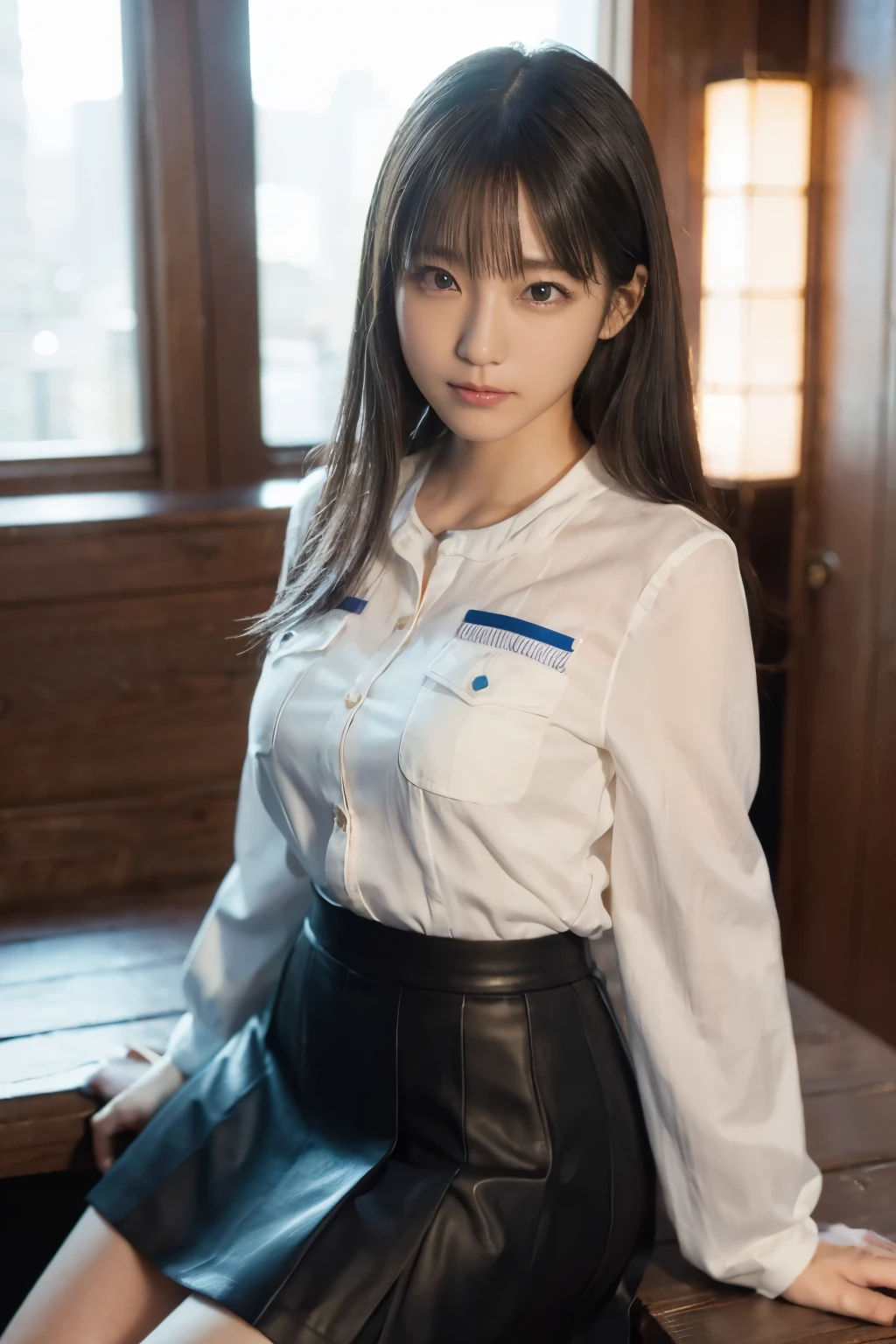An innocent 20-year-old girl、((Japanese police officer, Sexy police uniform, skirt, Cute and elegant, Dramatic Pose)),smile,Night city background,Shortcuts、RAW Photos, (8k、highest quality、masterpiece:1.2)、(Intricate details:1.4)、(Realistic:1.4)、Octane Rendering、Complex 3D rendering with ultra-detail, Studio Soft Light, Rim Light, Crisp details, Super detailed, Realistic skin texture, detailed aspects, Beautiful details in the eyes, Highly detailed CG Unity 16k wallpaper, Compensate, (Detailed Background:1.2), Glowing Skin, whole body,Hands down、Spread your legs and show me your panties,Sit on a bench