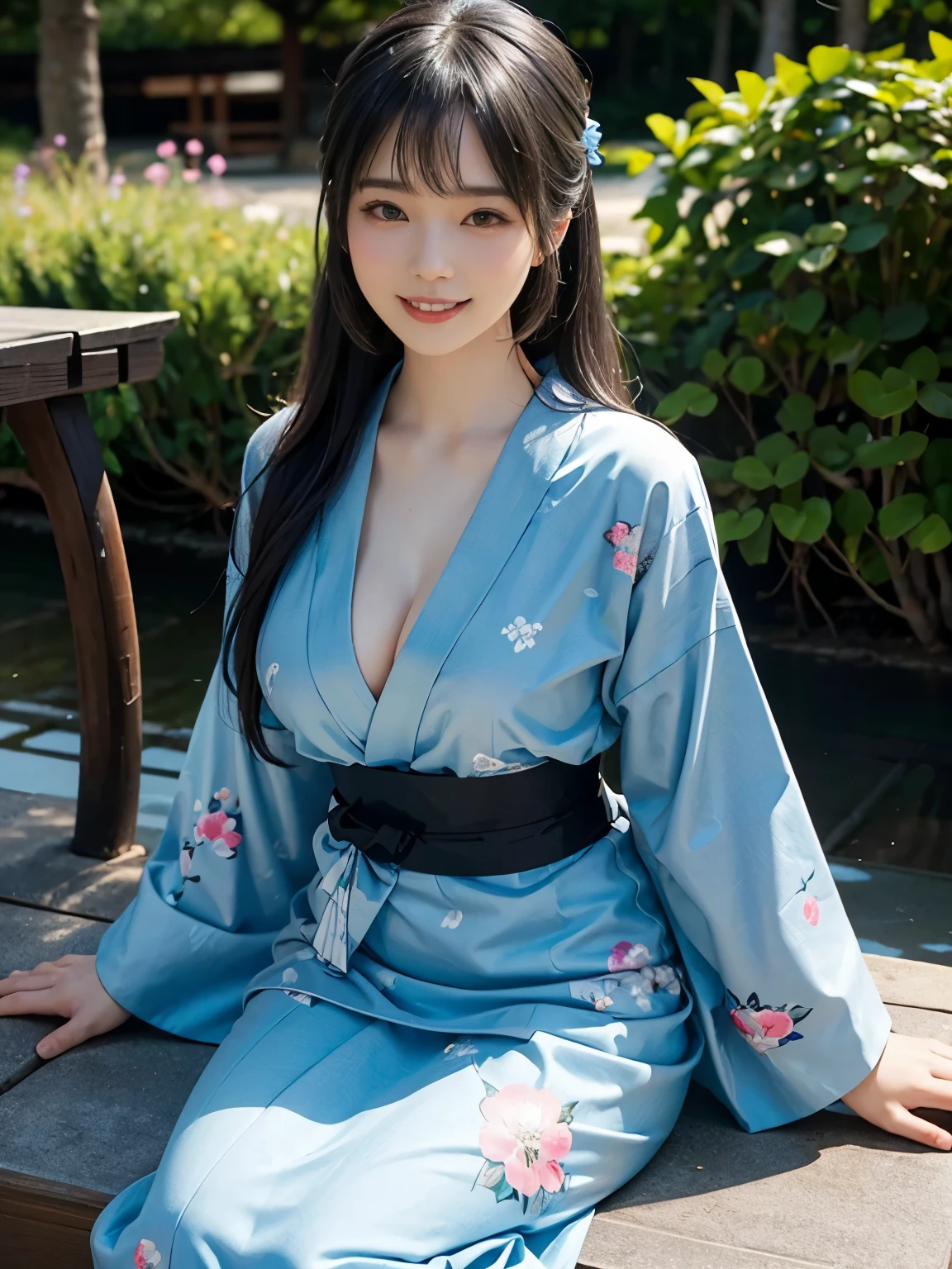 (ultra realistic), (best illustration), (increase resolution), (8K), (masterpiece), (wallpaper), solo, 1 girl, looking at viewers, black straight hair, slender body, plump breasts, pureerosfaceace_v1, happy smile, blue floral Yukata, Japanese Garden