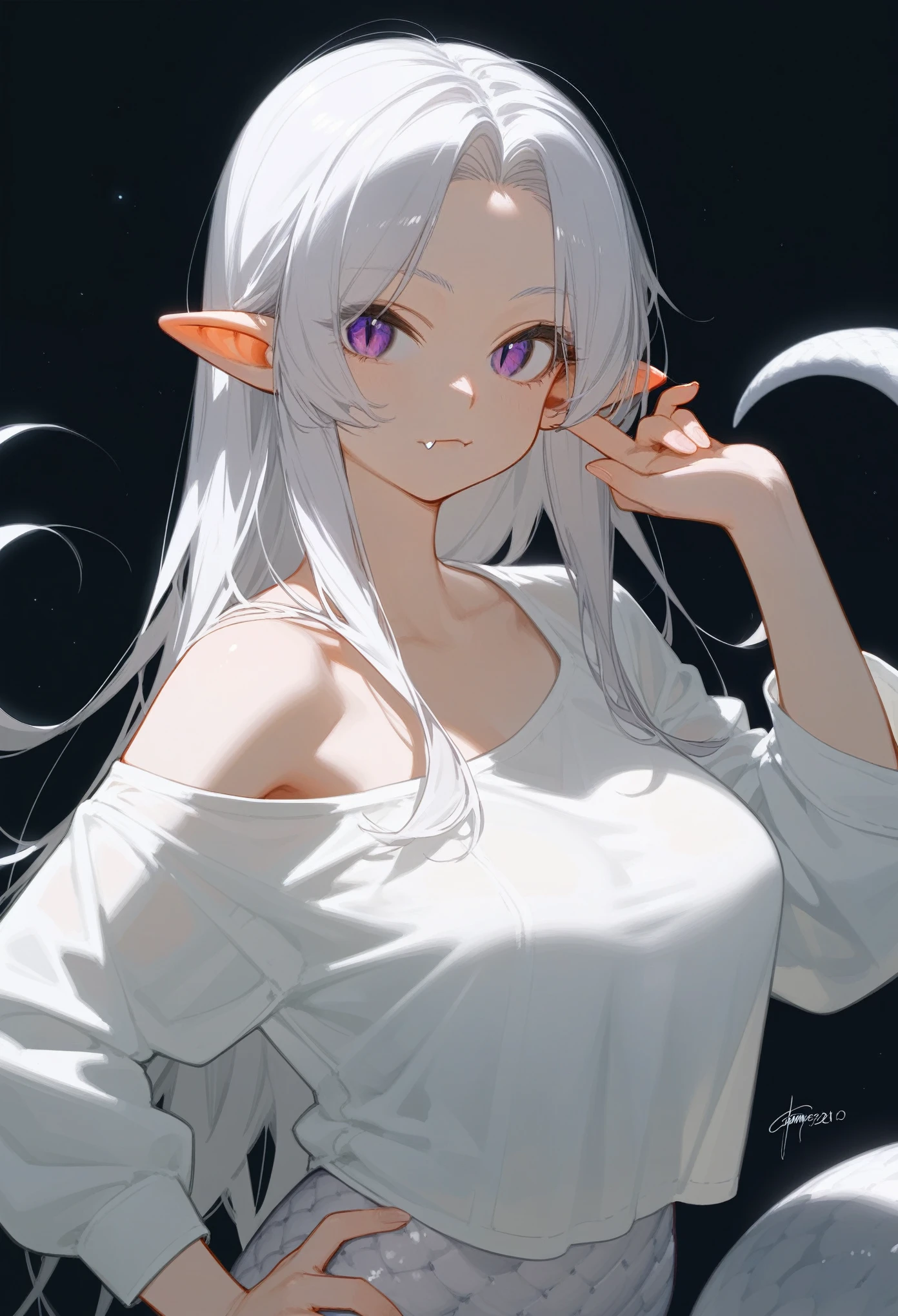 Best quality, score_9, score_8_up, score_7_up, 1girl, lamia monstergirl, (white scales), purple eyes, white hair, long hair, parted bangs, pointy ears, hand on hip, white oversize shirt, off shoulder, saggy shirt, closed mouth, innexpressive, fang, looking at viewer, black background, upper body, zoom out, 