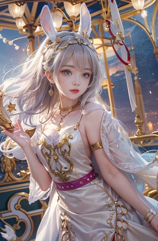 Age 25, Wide-angle lens, Woman in ancient Greek costume、Woman enjoying merry-go-round at night,Shoulder out、thin、Serious expression、Short-haired、Deadly position, Gorgeous Necklace, Light milky porcelain skin, Smooth, Translucent white skin, Enchanting anime girl, Beautiful and seductive anime woman, Ultra realistic sweet bunny girl, Pale porcelain white skin, Smooth, Realistic and perfect body, Anime Girl Cosplay, Perfect body with realistic shadows, Switzerland'masterpiece,