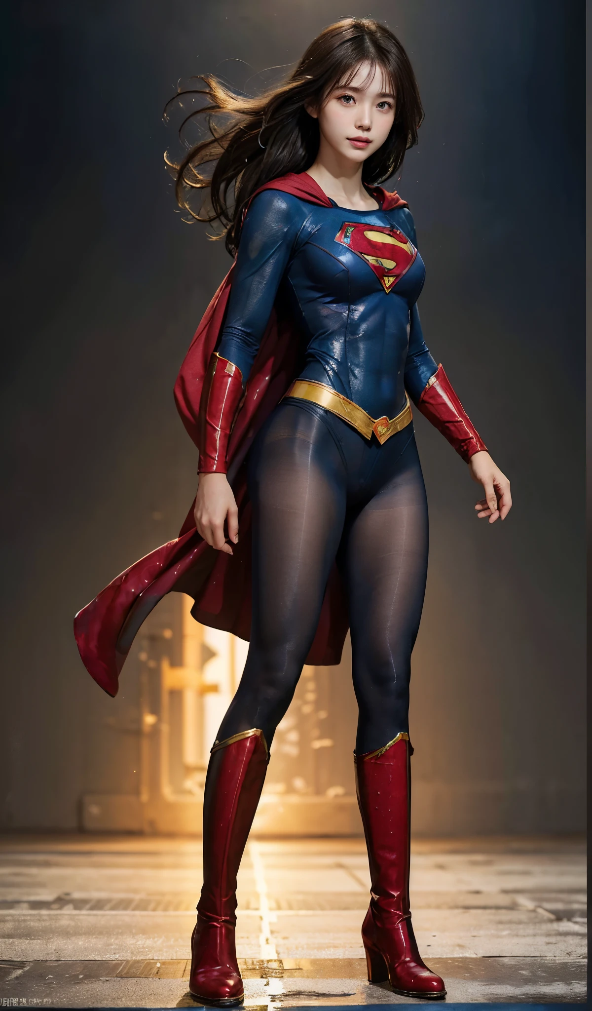 No background、(((Beautiful legs in black tights.)))、(((Legally express the beauty of your smile)))、((((Make the most of your original images)))、(((Supergirl Costume)))、(((Beautiful Hair)))、(((suffering)))、(((Please wear black tights....、Wear red boots)))、((Best image quality、8k))、((highest quality、8k、masterpiece:1.3))、(((Preserve background )))、Sharp focus:1.2、Beautiful woman with perfect figure:1.4、Slim Abs:1.2、Wet body:1.5、Highly detailed face and skin texture、8k
