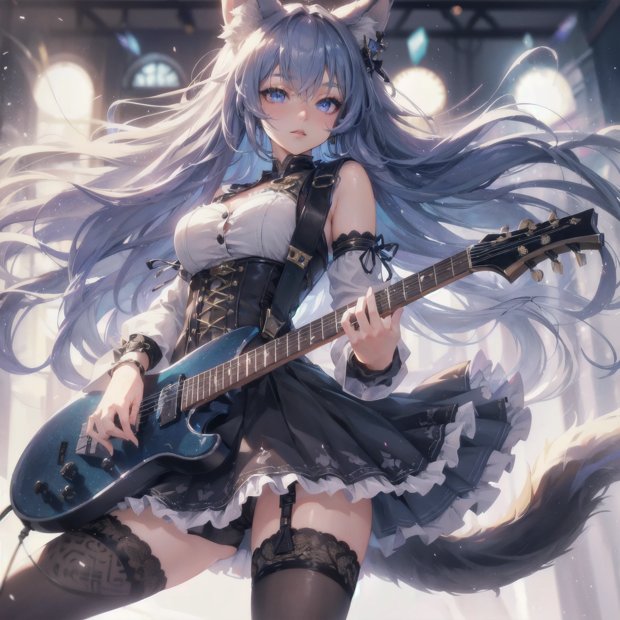 high quality,hd,16k,sharp line,1girl,fantasy,fem
ale wolf ears,wolf tail,beautiful hair ,cute face, large breasts ,nice legs,,focus girl,detailed beautiful face,detailed clothes,beautiful eyes,dynamic angle