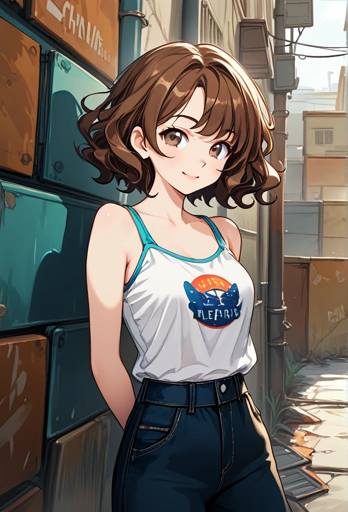 Teenage girl, short hair, wavy hair, brown hair, cute face, glossy lips, hazel eyes, playful smile, casual clothes, arms behind back, looking at viewer, alley background