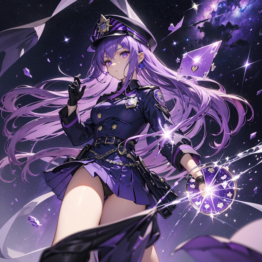 ((Fantasy　Purple Hair　Long Hair　Purple Eyes　Female police officer　Star Badge　policeman's cap　Chest Opening　Lonely　despair))　((Spade playing card　Broken glass　gloves　milky way))　(comet　moon)　Catch the wind　fall　Glowing purple background　Particles of light, shining edges　Low - Angle