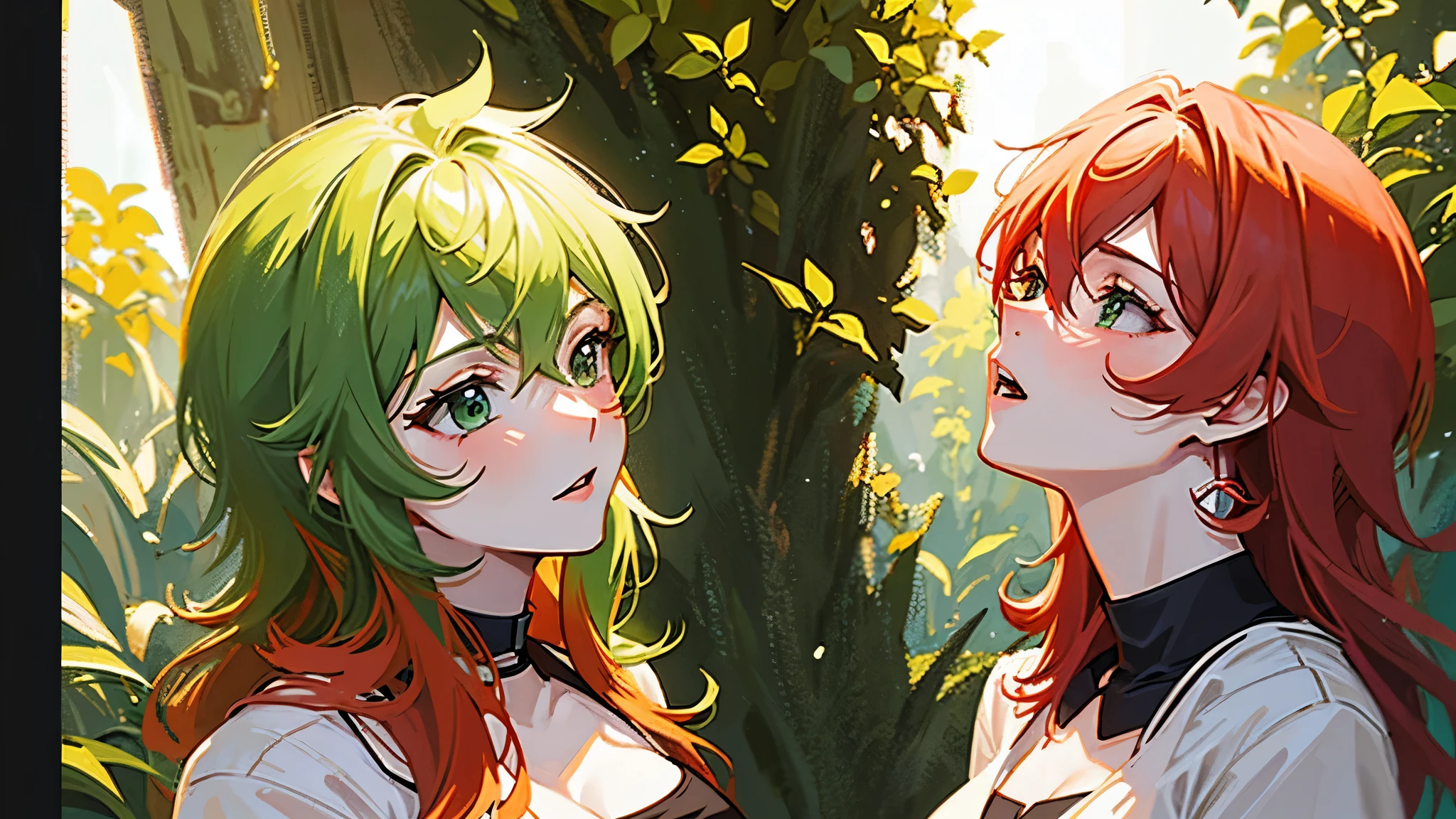 green haired girl kissing a red haired girl