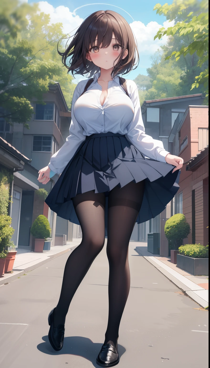 One Girl、Positive、From above、Full body portrait、Brown haired、Medium Haircut、blush、Absolute area、Knee socks、stockings、pantyhose、レースpantyhose、White underwear、Cleavage、Light blue cut shirt、Unbutton your shirt、Shirt buttons fly off、Navy blue checkered pleated skirt、Very short skirt、garden、Daytime、(Very big boobs)、((Full Body Lesbian))、masterpiece、(highest quality)、Panties around the ankles、loafers、The wind blows up my skirt