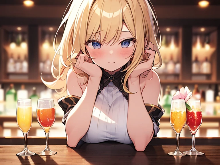 Masterpiece, Top quality, (1 beautiful girl :1.2), Blonde, medium hair, wave hair, airy hair, 24 year old, medium breasts, standard weight, Shoulder hole tops, blush, drunk, hands up, elbows on table, face palm, beautiful scene of bar, (blurry background:1.2), magnificent panorama view, glass with alcohol, close up, from front