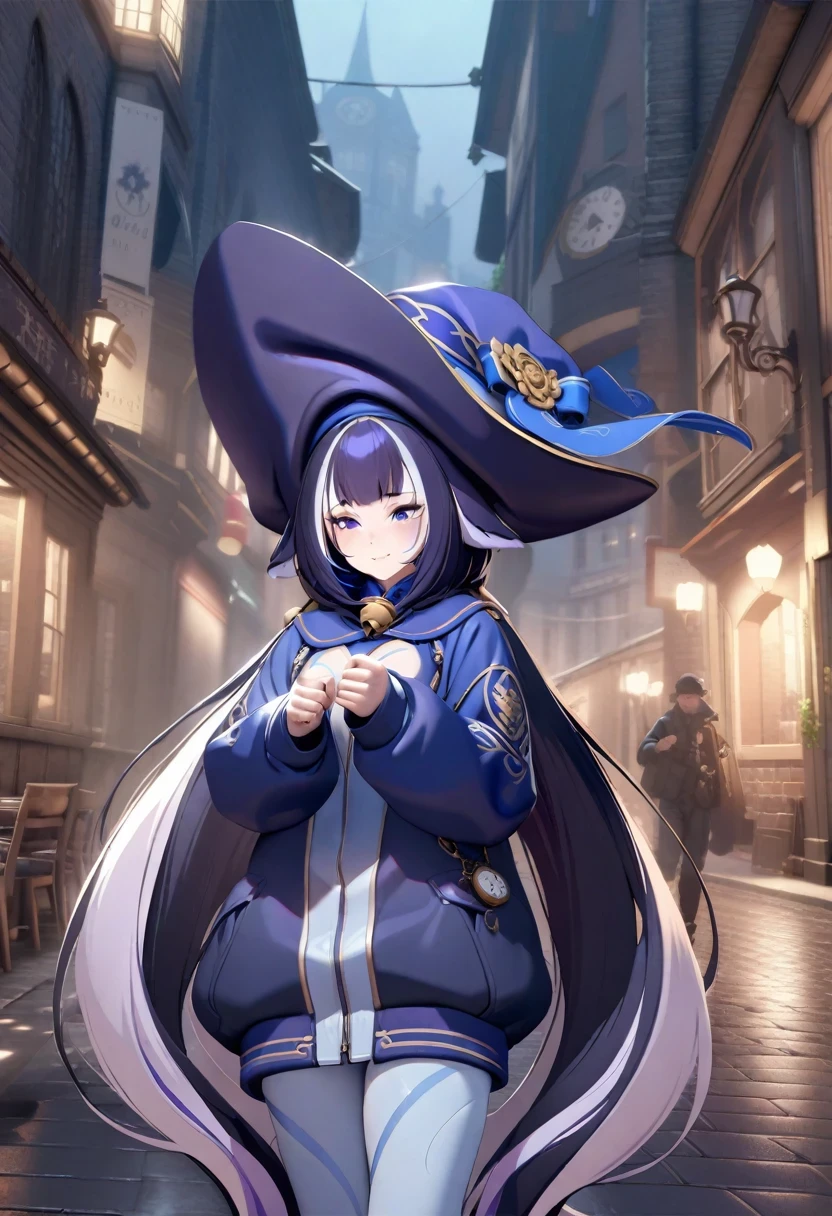 (shylily/(Twich/):1.5),(masterpiece:1.2),(best quality:1.2),Wearing a large hat that partially covers his face, Wearing a long black windbreaker, The whole body is full of protection symbols, purple-tinted eyewear, Pendant around the neck, Religious rosary, Ruthless and professional, Work boots and old pocket watch, A city with a clock tower in the background，The bell rang, Dark atmosphere, 3D Illustration, high quality, Realistic and highly detailed, masterpiece,Physically based representation，Holding a gun with both hands，aim at you