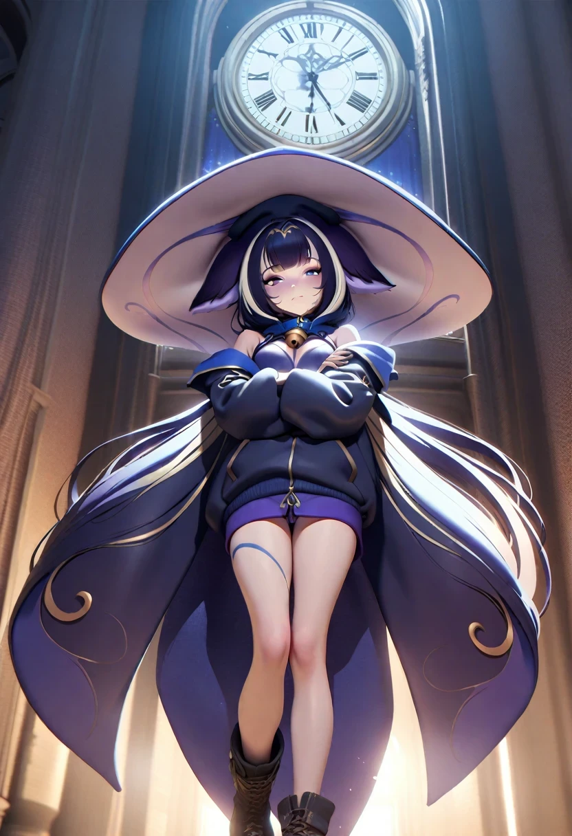 (shylily/(Twich/):1.5),(masterpiece:1.2),(best quality:1.2),Wearing a large hat that partially covers his face, Wearing a long black windbreaker, The whole body is full of protection symbols, purple-tinted eyewear, Pendant around the neck, Religious rosary, Ruthless and professional, Work boots and old pocket watch, A city with a clock tower in the background,The bell rang, Dark atmosphere, 3D Illustration, high quality, Realistic and highly detailed, masterpiece,Physically based representation,Holding a gun with both hands,aim at you