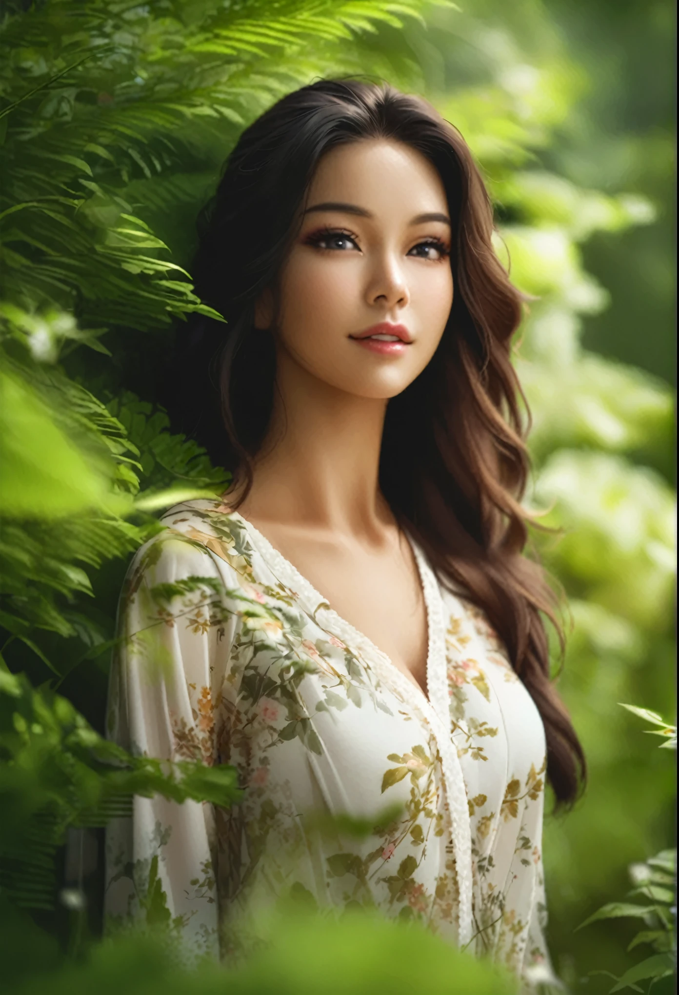 wood々Close-up of a large busted woman standing in a forest with a lot of flowers, Beautiful Woman Photos, Gorgeous Woman, Beautiful oriental woman, A wonderful woman, Lovely lady, Beautiful female model, Beautiful Asian Woman, Beautiful model portrait, Very beautiful woman, Lush green environment, Beautiful young woman, 70mm Portrait