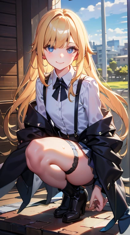 1 girl, Small Nose,Black suspenders,Bulges greatly,chest,wall: Black mini skirt,garter,sight,Small face,Bans,holster,Beautiful woman,Show your hand,leg holster,sight,Black boots panty shot, Taunt,side,side sweat soio,arm, Very sexy pose,(with Sparkling eyes and a contagious smile), Very beautiful detailed face and eyes, Bright colors, Cute Face, Delicate and beautiful face, Bright magenta eyes, Cute eyes, Sparkling eyes, Big eyes, (big chest:1.3), (張りのあるchest:1.1), (尖ったchest:1.0), Medium Hips, Attractive body, White skin, smile, Thin pubic hair, Shiny Hair, Super beautiful face, Very beautiful eyes, Very beautiful hair,Trendy clothing,Sexy and attractive,An explosion of colors,Big hairpin,Esbian all over,Squatter, Real World, Natural light,perfect Natural light,View Viewer,