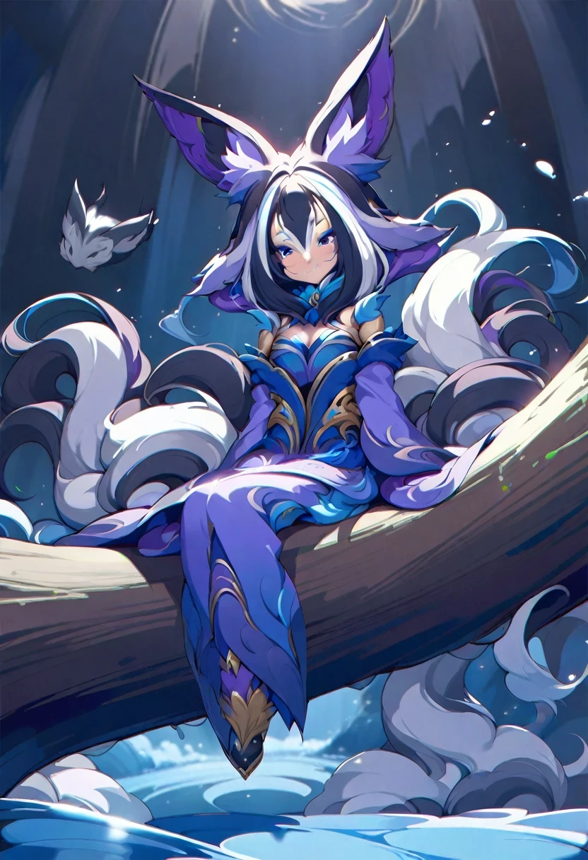 (shylily/(Twich/):1.5),(masterpiece:1.2),(best quality:1.2),Sitting on a branch, Ethereal , Nine-Tailed Fox three-tailed , Onmyoji Detailed Art, Nine-Tailed Fox, Fox ears,Beautiful art illustration, Mysterious Creatures, Beautiful digital artwork, Beautiful digital illustrations, Water frequently, Inspired by Mysterious Creatures Wildnet, Digital Art on pixiv, Bright Light, High contrast, horror theme, Dark atmosphere,Tempting,naughty smile,Shy,blush,sit on the floor,Bright Eyes,