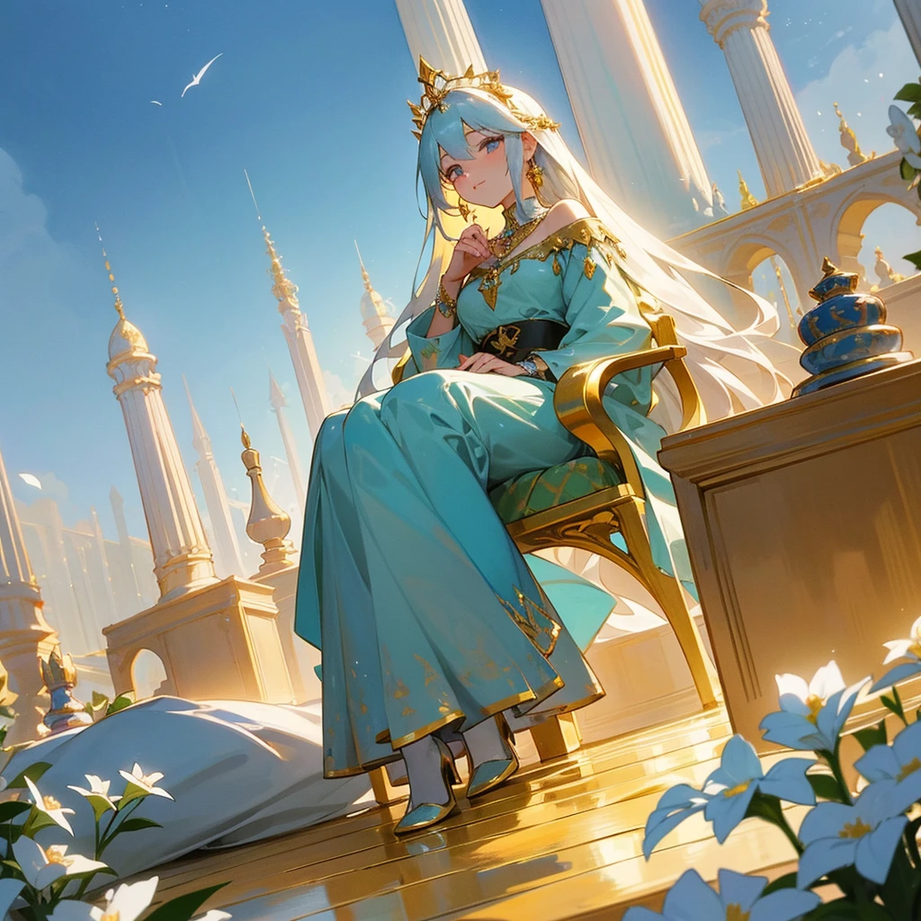 Here is the translated description in English:
### Heavenly Maiden
- **Appearance**: A heavenly maiden with a captivating appearance. She has long, shimmering hair, perhaps in golden or silver hues that radiate light.
- **Clothing**: She is wearing a stunning dress with long sleeves and a short skirt. The dress is adorned with sparkling gems and precious stones in various colors, reflecting light and adding to its splendor.
- **Accessories**: In addition to the luxurious dress, she may also be wearing a tiara or crown adorned with jewels, as well as matching jewelry such as necklaces, earrings, and bracelets.
### Location
- **Heavenly Garden**: The maiden is in a beautiful heavenly garden. This garden is filled with ever-blooming flowers, sparkling fountains, and evergreen trees. The fragrant aroma of flowers enhances the beauty of the garden.
- **Heavenly Palace**: In the background, there is a magnificent heavenly palace with stunning architecture. The palace is made of precious materials like gold and white marble, with tall pillars and intricate carvings.
### The Maids
- **Appearance**: The beautiful maids are wearing elegant maid uniforms also adorned with gems. Their uniforms might be white with gold or silver accents.
- **Duties**: The maids serve the heavenly maiden with utmost care, bringing various items such as drinks in crystal glasses, delicious food on golden plates, and perhaps offering flowers or other gifts.
### Atmosphere
- **Luxury**: The atmosphere in the garden and palace is full of luxury and grandeur. The soft heavenly light adds to the sense of peace and perfect beauty.
- **Activities**: The heavenly maiden might be sitting on a beautiful garden chair or walking among the flowers, accompanied by the maids who are always ready to serve and ensure her comfort.
### Additional Details
- **Heavenly Sky**: The sky is bright with soft white clouds and small birds singing, adding to the beauty of the scene.
- **Magical Elements**: There might be