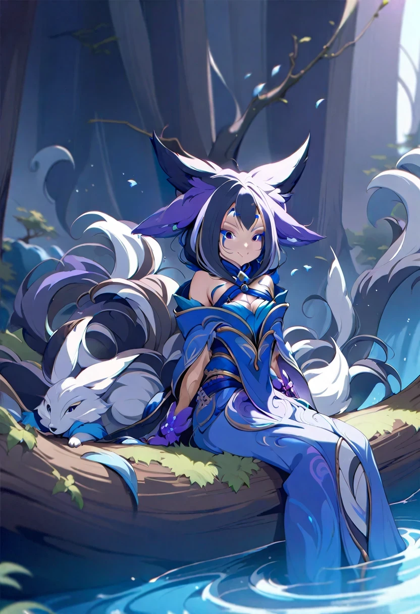 (shylily/(Twich/):1.5),(masterpiece:1.2),(best quality:1.2),Sitting on a branch, Ethereal , Nine-Tailed Fox three-tailed , Onmyoji Detailed Art, Nine-Tailed Fox, Fox ears,Beautiful art illustration, Mysterious Creatures, Beautiful digital artwork, Beautiful digital illustrations, Water frequently, Inspired by Mysterious Creatures Wildnet, Digital Art on pixiv, Bright Light, High contrast, horror theme, Dark atmosphere,Tempting,naughty smile,Shy,blush,sit on the floor,Bright Eyes,