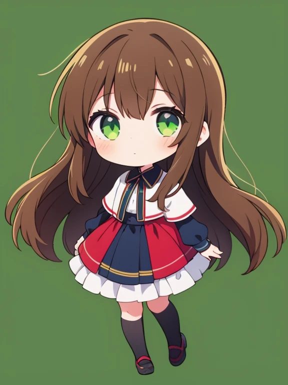 1girl,brown hair,long hair,chibi,full body,green background,