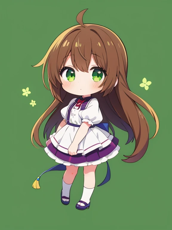1girl,brown hair,long hair,chibi,full body,green background,