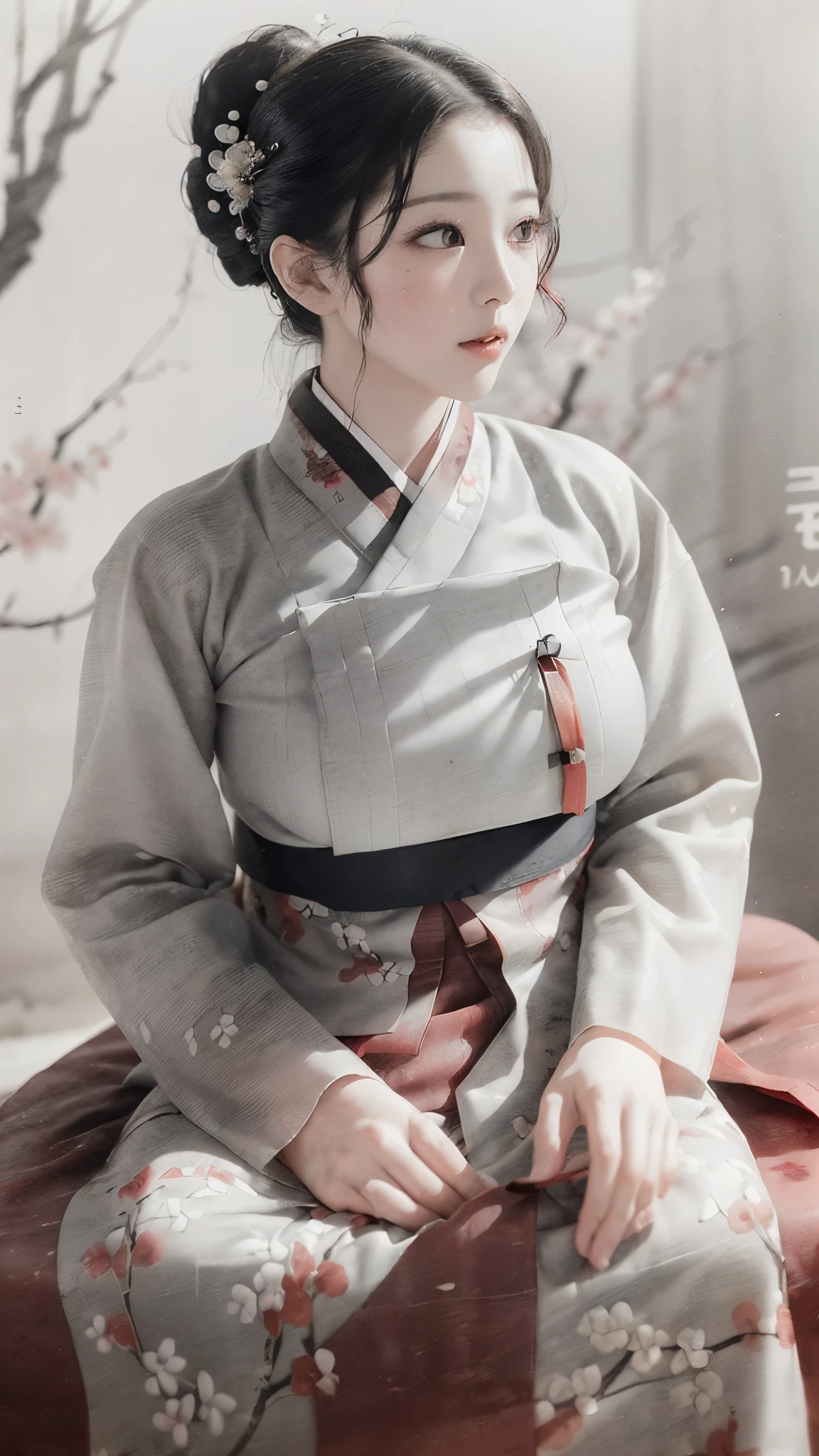 (best quality, 8K, masterpiece: 1.3), ((((((incredibly large breasts: 0.9))))), hairpin, (beautiful face:1.3), plum blossom ink painting background,authentic hanbok, 1920s photography studio, (It feels like a faded photograph: 1.4), Old photos, laugh, black and white photography, (red highlight: 1.1)