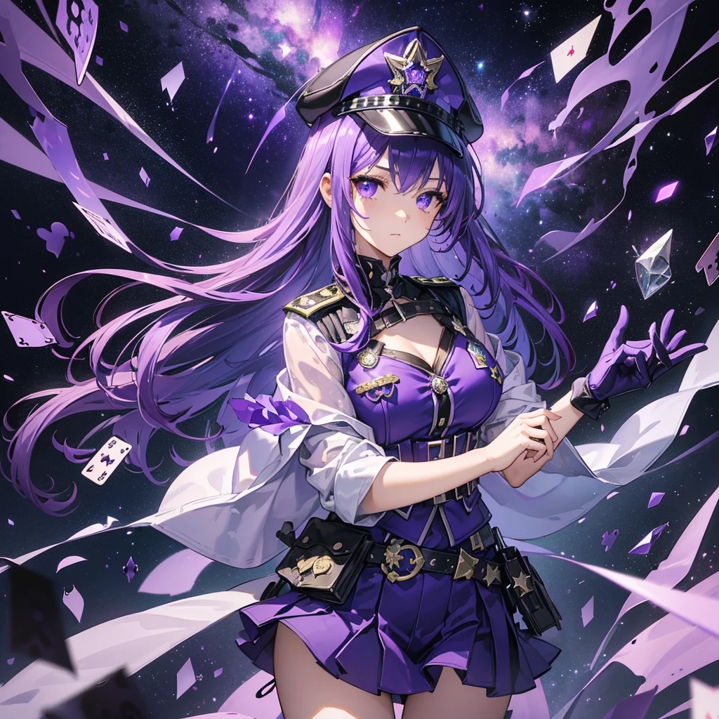 ((Fantasy　Purple Hair　Long Hair　Purple Eyes　Female police officer　Star Badge　policeman's cap　Chest Opening　Lonely　despair))　((Spade playing card　Broken glass　gloves　milky way))　(comet　moon)　Catch the wind　fall　Glowing purple background　Particles of light, shining edges　Low - Angle