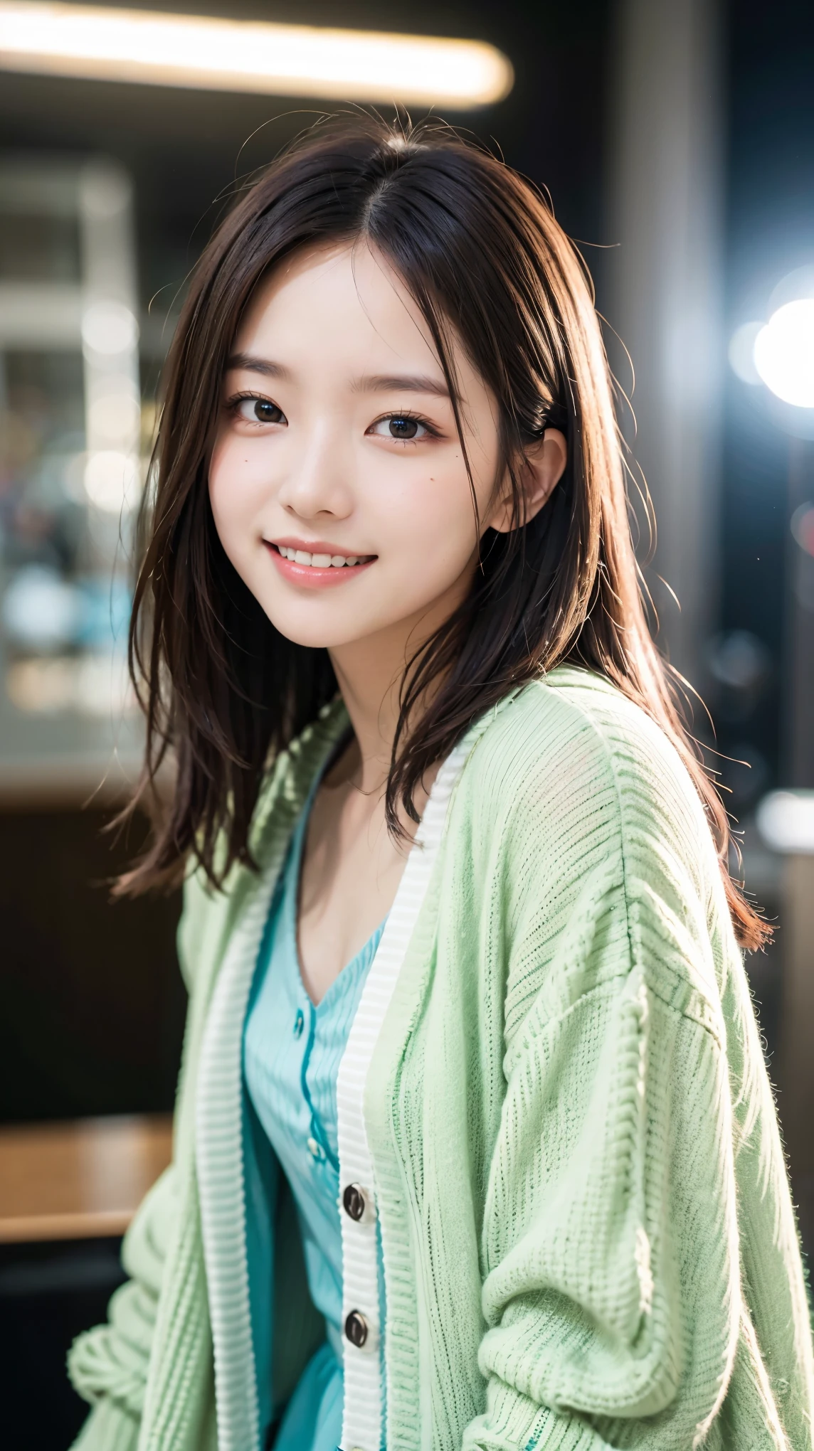 (masterpiece, highest quality, beautiful girl, Cute Face:1.2), (Close your face:1.2), 8k, Official Art, RAW Photos, Confused, ((cardigan), Spring dress), View your viewers, thin, , Face Light, Film Grain, chromatic aberration, Sharp focus, Very happy smile, Show me your little teeth, Dynamic Lighting, Cinema Lighting, Photo of your face, Upward glance