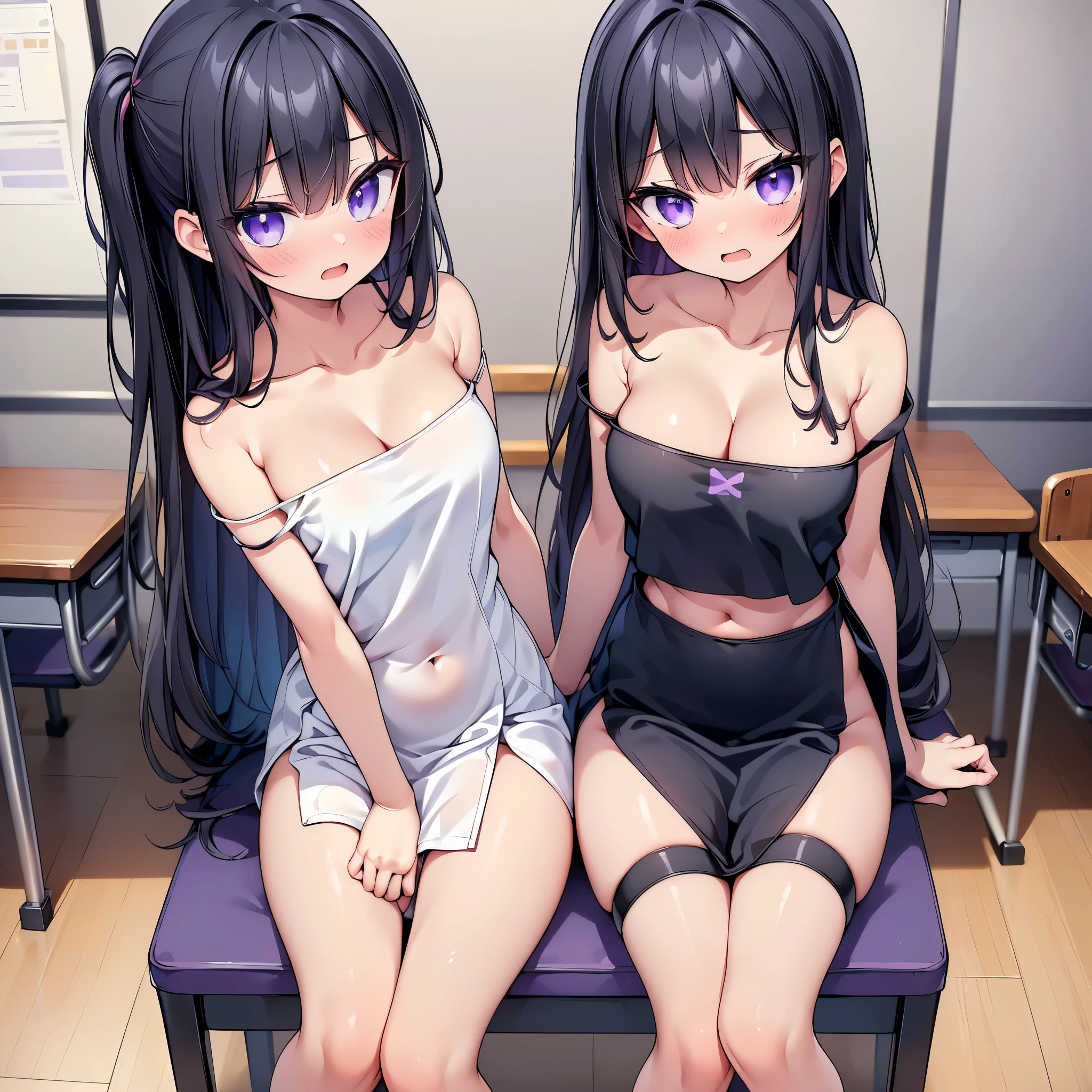 (cute eyes:1.2), (sparkling eyes:1.2), (8K、Best image quality、highest quality、masterpiece)、Detailed face、(2 girls)、Improve、(Black Hair, Purple Eyes, long hair)、(open mouth), (embarrassed), (skinny body:1.3),(midium breasts), (Naked Towel:1.3), (strap slip:1.5), (side slit:1.2), (cleavage),(crop top navel:1.1), Sit on a chair, Classroom Background, (Waistline:1.1)