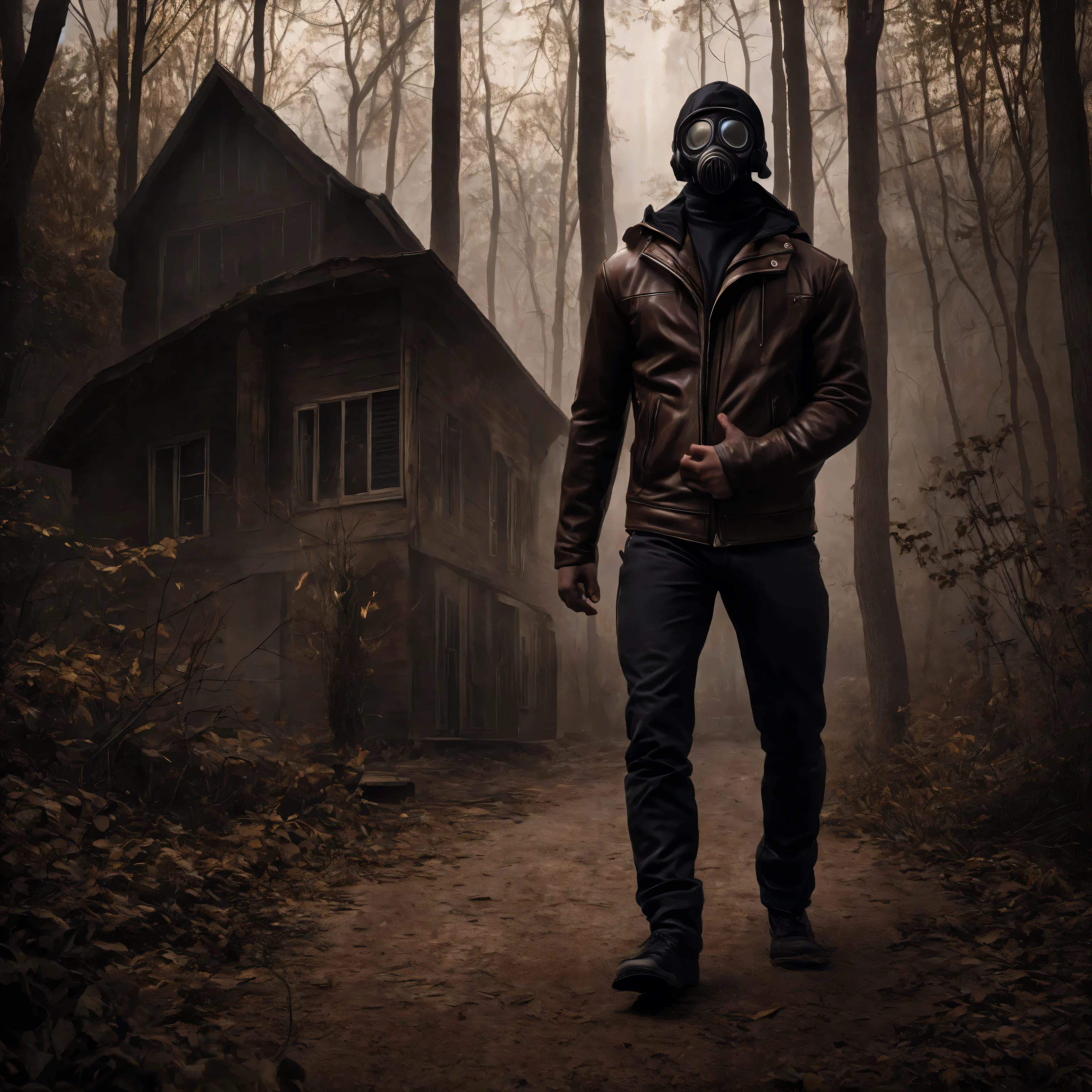 Best quality(8K), masterpiece, ultra-detailed, Demon in Civilian Gas Mask GP-5 , brown leather jacket and black hoodie , looks menacingly into the frame, exudes tension and fear, behind there is a forest and an abandoned house, photography causes tension. perfect anatomy, All elements are combined with each other