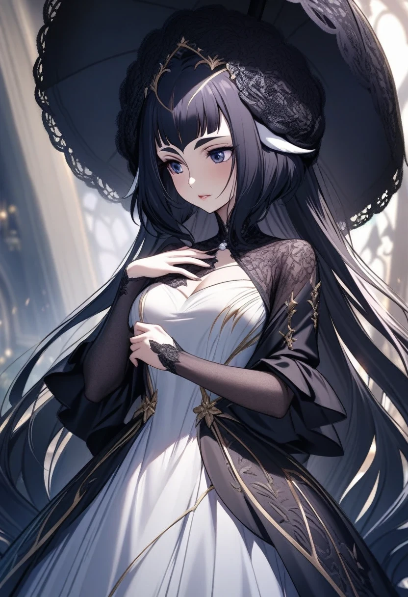 (shylily/(Twich/):1.5),(masterpiece:1.2),(best quality:1.2),
The unique figure of beautiful women is attracting more and more attention in Gothic Lolita fashion. Her black dress was designed with attention to detail,Decorated with luxurious lace and ribbons. it's long enough to touch the floor,Delicate rose embroidery at hem.
On her chest, Pure white chiffon shirt clearly visible, The elegant high-neck design highlights her sophistication. The sleeves of the shirt begin to cover the arms, The edges are carefully decorated with lace and ribbons.
On her head is a black lace hat, Edged with exquisite pearls. The elegant embellishment perfectly accentuates her expression.
In her hand she holds a black parasol decorated with lace, Elegant design highlights her femininity. and has transformed into a dreamlike existence.