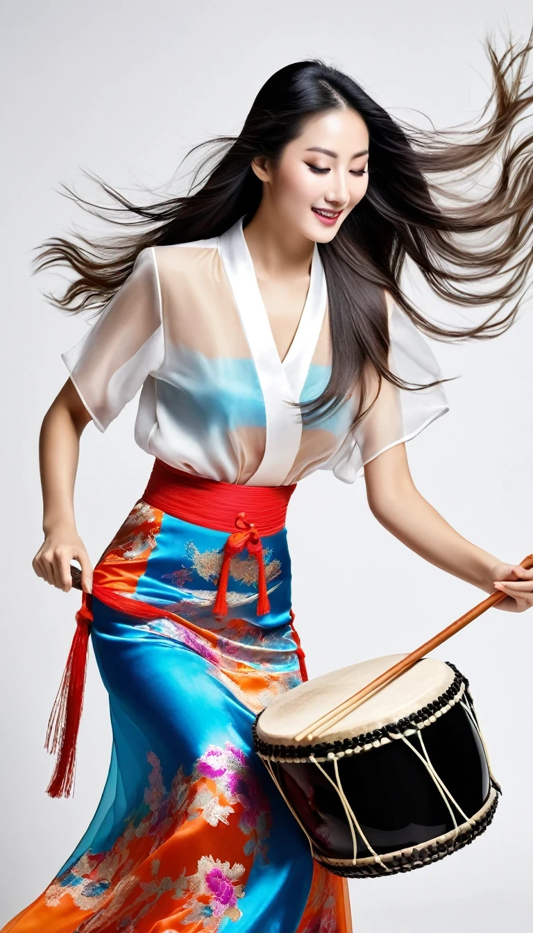 Motion Blur, Black and white close-up, White background, (A beautiful girl in a colorful Chinese costume is enthusiastically playing a Chinese drum), There are translucent dormant air particles at the hem of the skirt, Professional fashion photography, super macro, Abnormally long wavy hair flying wildly, Ultra-fine texture, Tilt movements of hands and face, Poster Style, The Minimalists, Nikon, Hasselblad, Canon, Fujifilm, 16K