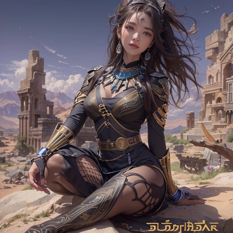 Hiding in the desert、Hair flow、 ((highest quality、masterpiece、8k、Best image quality、Ultra-high resolution、Award-winning works)、(Accurate anatomy:1.1)、(Look at me and smile:1.1)、Shining fair skin with Ultra-high resolution、The most detailed face、Ultra-high resolution detailed face、Ultra-high resolutionの髪の毛、(Ultra-high resolutionの煌めく瞳:1.1)、Beautiful face drawn in every detail、(Blurred Background:1.1)、Ancient Islamic clothing, Chest to chest, tattoo, Old ruins in the background、Sitting black panther