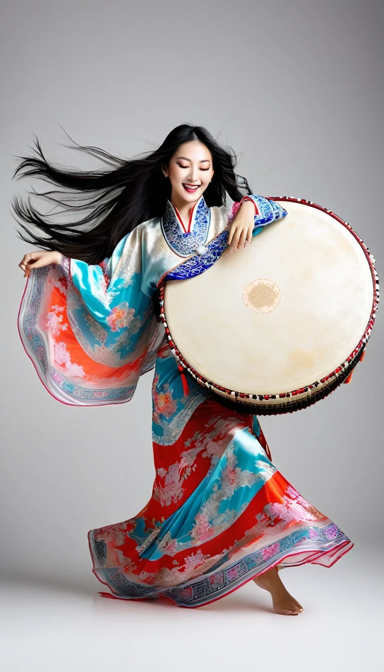 Motion Blur, Black and white close-up, White background, (A beautiful girl in a colorful Chinese costume is enthusiastically playing a Chinese drum), There are translucent dormant air particles at the hem of the skirt, Professional fashion photography, super macro, Abnormally long wavy hair flying wildly, Ultra-fine texture, Tilt movements of hands and face, Poster Style, The Minimalists, Nikon, Hasselblad, Canon, Fujifilm, 16K