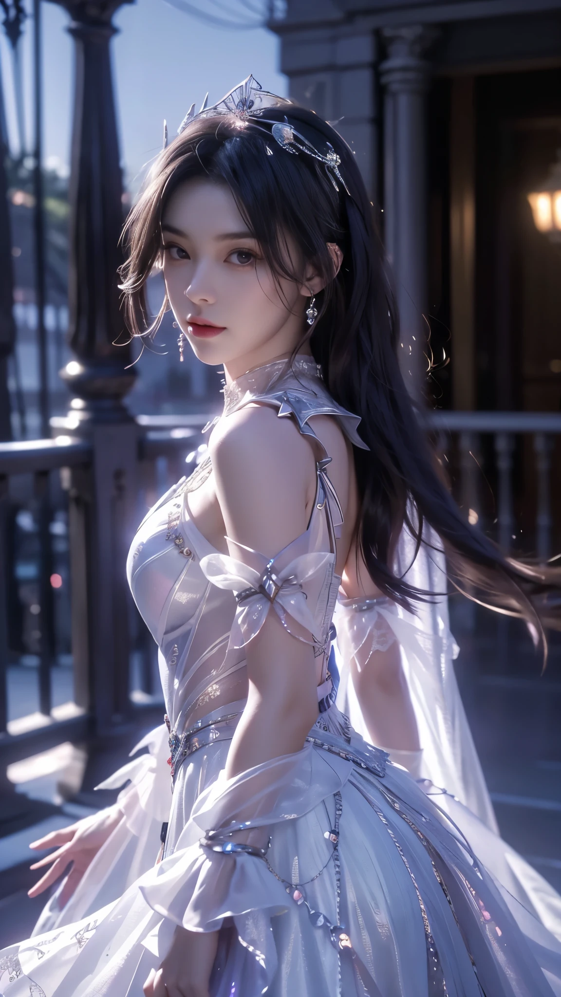 8K, UHD, MAsterpiece, best quality, 1 girl, ((realistic face)), happy pace, very long hair, small breasts, perfect waist, decorated dress, very beautiful ornaments dress, white color, ((lace)), mesh dress, mesh cape flowing, sardine, loops, ((ornaments)), legendary night balcony, ((night:1.5)), depth of field, cinematic lighting, chromatic aberration, motion blur, glowing light, god rays, ray tracing, ((reflection light)), backlighting, bloom, chromatic aberration abuse, multiple monochrome, attractive pose,