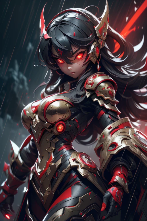 1 Japanese girl, battle armor, Intricate pattern, heavy metal, Energy lines, Faceless, Glowing eyes, elegant, Intense, blood red and black uniform, Solo, modern, City, Streets, Dark clouds, thunderstorm, heavy rain,, Dramatic lighting,, (Masterpiece:1.2), Best quality, high resolution,   Beautiful detailed, Extremely detailed, Perfect lighting,