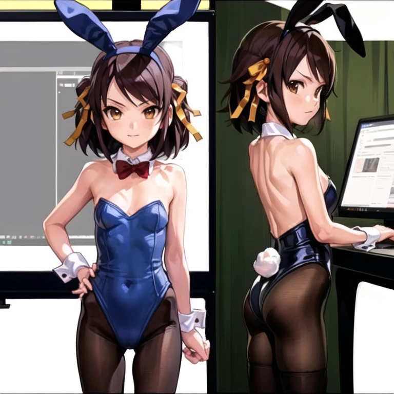 anime Screen Cap, One girl, Animal ears, Irritation, Brown eyes, Brown Hair, computer, fake Animal ears, leotard, View Viewer, mouse \(computer\), pantyhose, Playboy Bunny, Screen Cap, short hair, alone, Suzumiya Haruhi, (Suzumiya Haruhi no yuuutsu) 