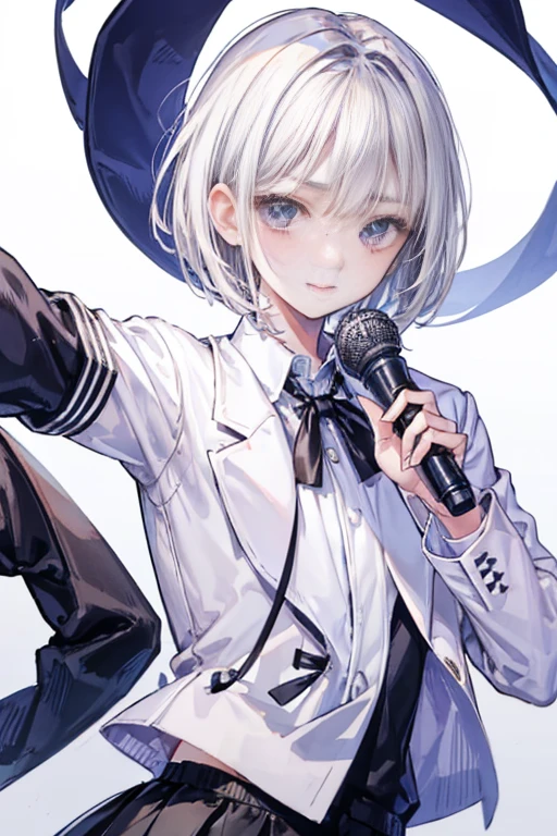 1 boy、blouse、Gray Hair、Light brown eyes、Black Shirt、White Blazer、Wear a blue ribbon on your chest、Smiling boy、17 years old、Parted bangs、Short Bob Hair, Best image quality、Simple clothes、White Background、Eye highlights、sing、Idol、microphone,Thin eyebrows, sharp eyebrows
