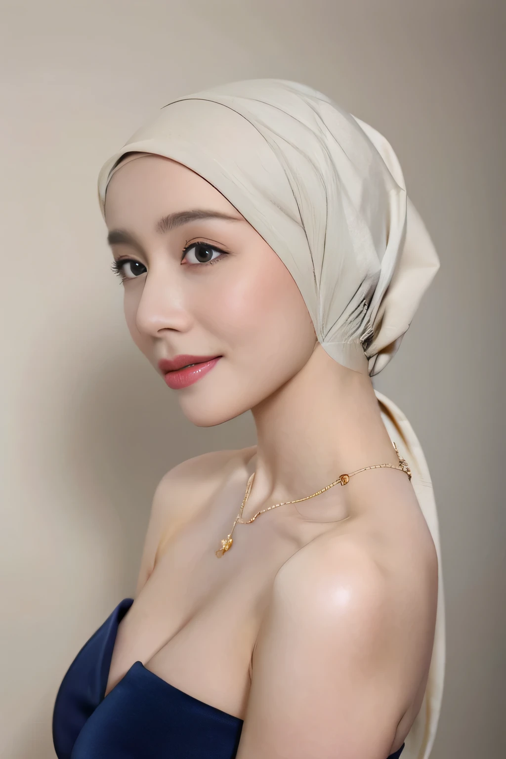 (realistic), (high quality) a lady doing bending slightly forward in a strapless, big breast, cleavage, hijab, pale skinned, necklace, side view