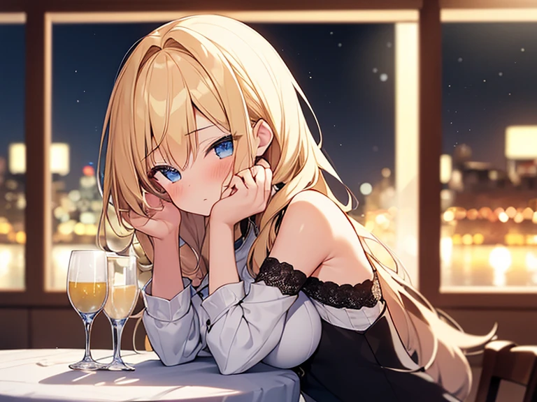 Masterpiece, Top quality, (1 beautiful girl :1.2), Blonde, medium hair, wave hair, airy hair, 24 year old, medium breasts, standard weight, Shoulder hole tops, blush, drunk, hands up, elbows on table, face palm, beautiful scene of restaurant, (blurry background:1.2), magnificent panorama view, glass with alcohol, close up, from front, midnight, starry sky