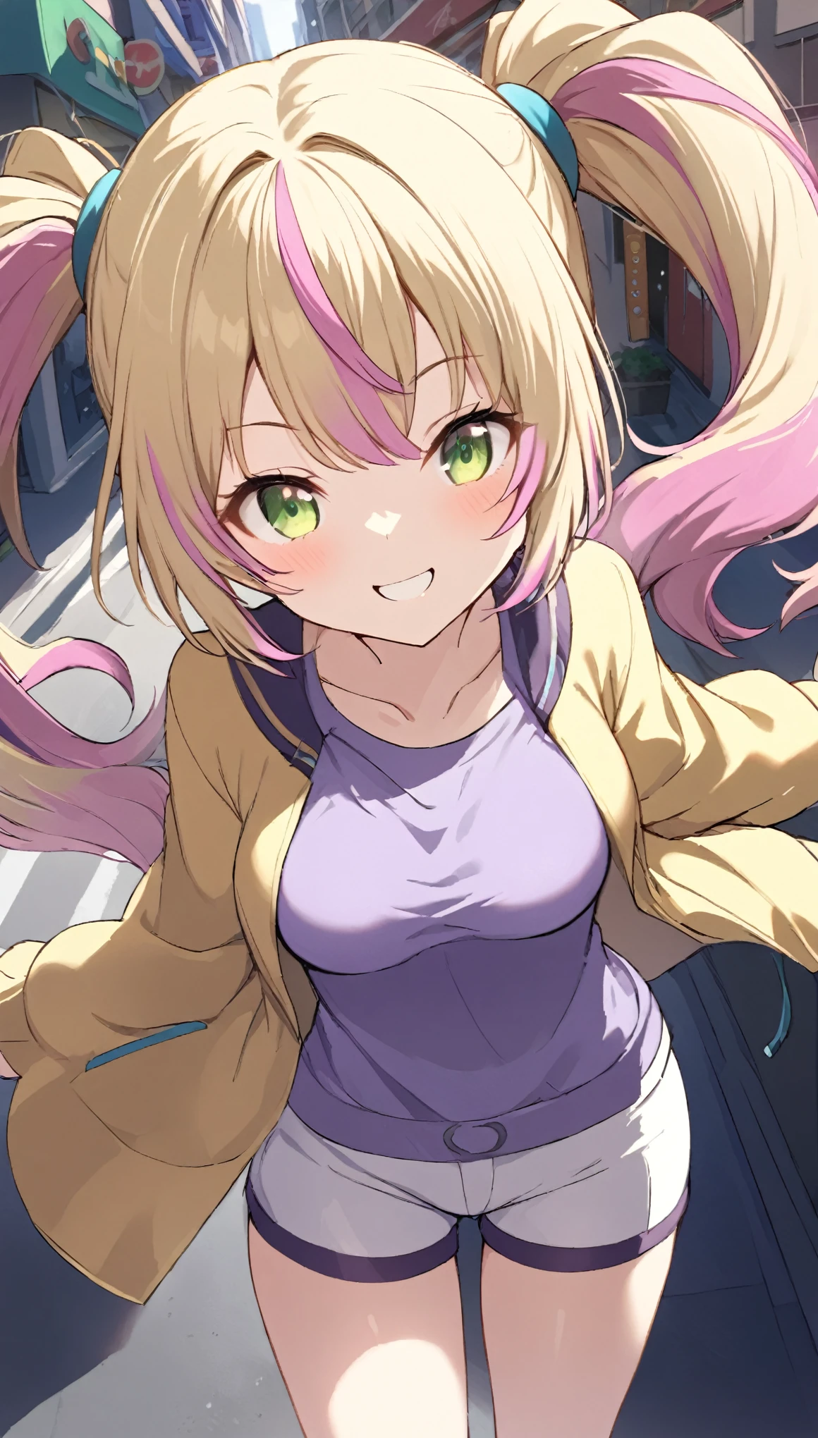 1 girl,twin tail,medium hair,blonde hair, ((highlights hair,pink streaked hair)),smile,white short pants,purple shirts,yellow jacket,medium breasts,green eye,Urban area,