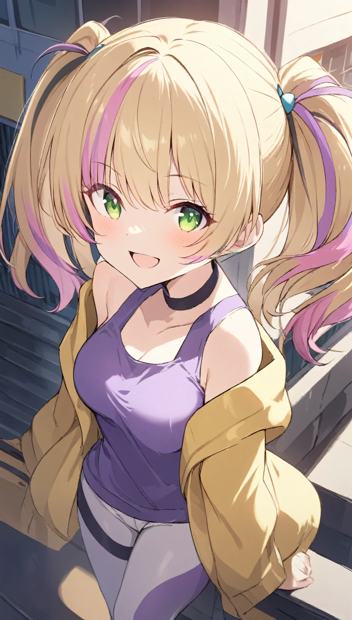 1 girl,twin tail,medium hair,blonde hair, ((highlights hair,pink streaked hair)),smile,white short pants,purple shirts,yellow jacket,medium breasts,green eye,Urban area,